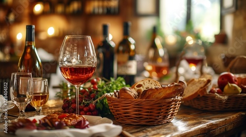 Rustic dining scene with a selection of wines and a warm  inviting ambiance