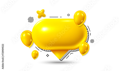 Birthday speech bubble icon with balloons. Yellow chat comment 3d icon. Talk message box. Modern realistic 3d design. Support speech bubble, chat message box. Social media dialog banner. Vector