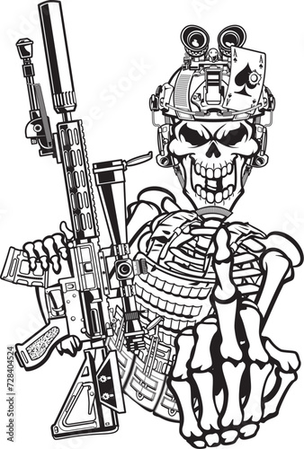 Skeleton military sniper holding sniper rifle and showing middle finger
