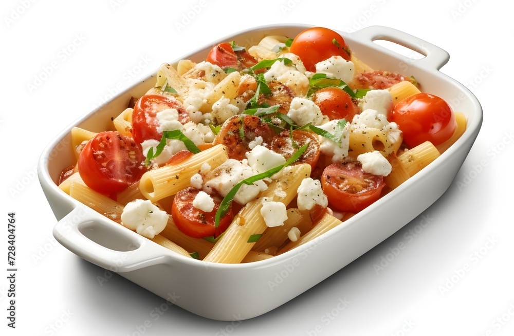 Baking dish of tasty pasta with tomatoes and feta