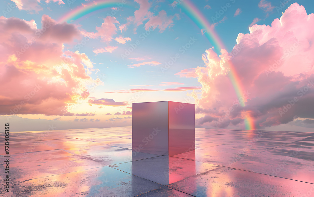 abstraction depicting a cube on a shiny surface against a background of pink clouds, blue sky and rainbows - obrazy, fototapety, plakaty 