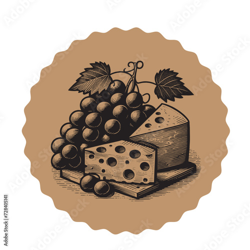 grapes and cheese. Vintage engraving emblem. Black line art. Woodcut