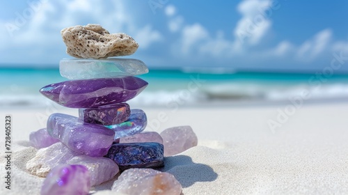 A serene beach setting with a colorful stack of crystals on white sand
