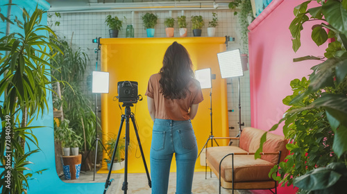 Woman Influencer And Youtuber. Behind-The-Scenes of a Bright Content Creation Studio, Colorful Backdrops and Lush Greenery