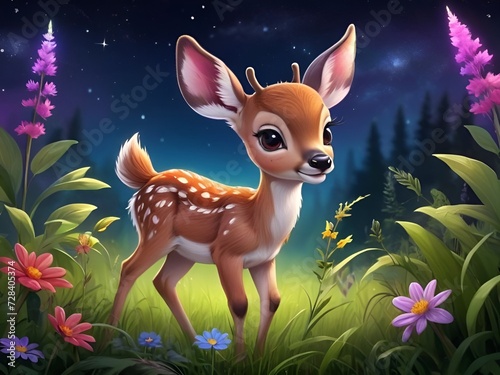Floral Fantasy, Charming Baby Deer in a Fairy Jungle - Perfect for Kid's Room Decor, Cute beautiful baby deer in the  fairy jungle  full of wildflowers, Cute baby animals for kid's room decorations © Art by H