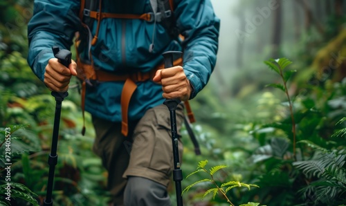 close-up on the hands of a hiker using trekking poles, focus on the grip and determination, lush forest backdrop
