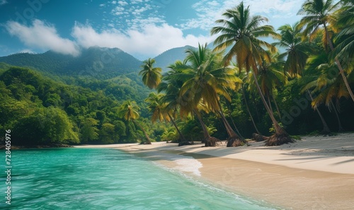 secluded beach surrounded by towering palm trees and thick tropical foliage, hidden paradise
