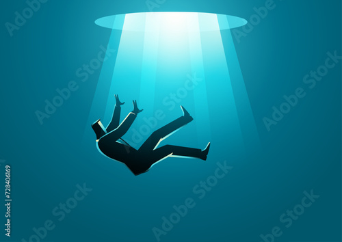 Businessman falling into the abyss, captures the uncertainties and pitfalls often encountered in the professional journey, bankruptcy, failure, risk concept photo