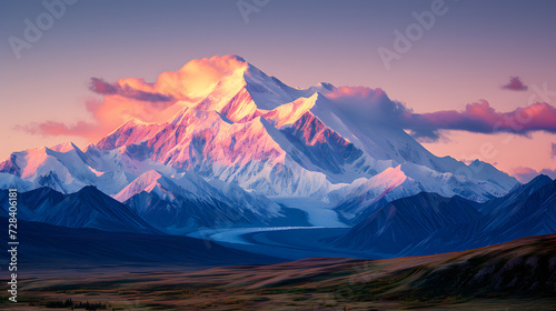 A photo of Denali National Park, with the snow-covered peak of Mount McKinley as the background, during the soft light of the midnight sun photo