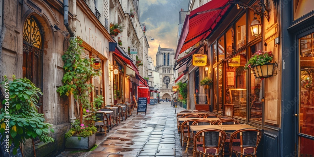 Rustic Parisian street lined with charming sidewalk cafes. - obrazy, fototapety, plakaty 
