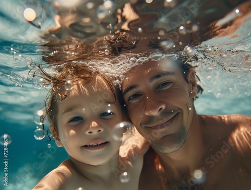 A father and his young son bond through the joy of swimming, their smiling faces reflected in the crystal clear water of the outdoor pool