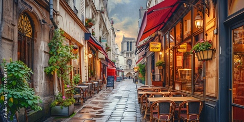 Rustic Parisian street lined with charming sidewalk cafes. photo