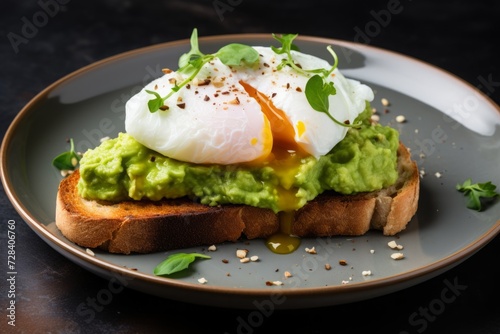 bruschetta with poached egg on bread with mashed avocado on a plate. egg Benedict.