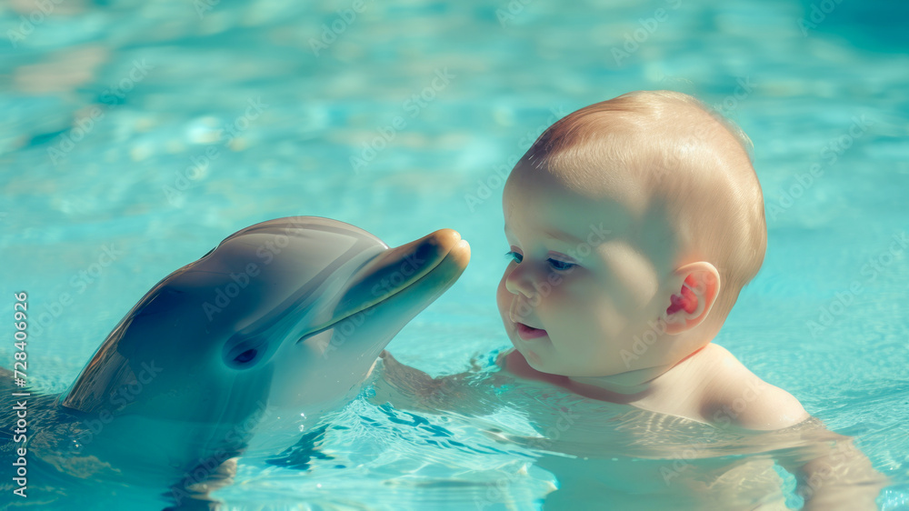 Fototapeta premium boy with a dolphin swimming in the pool.