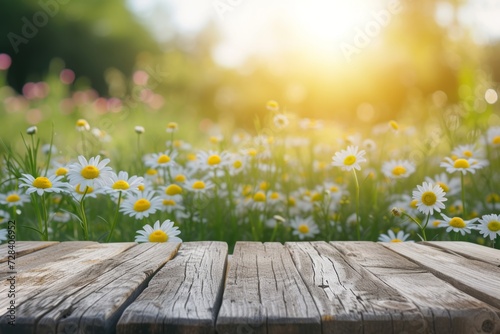 an empty wooden table with a background of blooming chamomile. display your product outdoors. mockup.