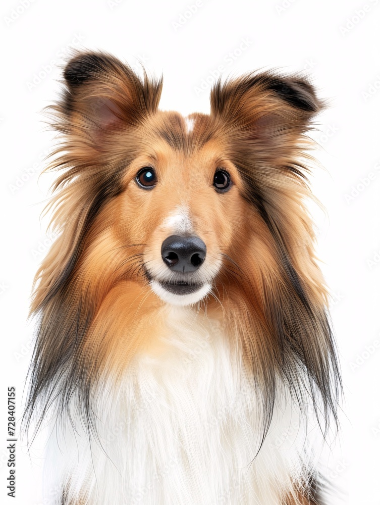 A photograph of a pedigree shetland canine against a blank backdrop.