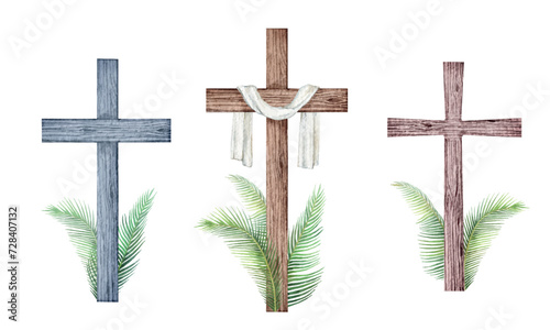 Watercolor vector religious crosses with palm branches. Easter catholic symbol. Design elements for Epiphany, Christening, baptism, cards, .invitations. Hand drawn illustration..