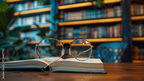 Modern eyeglasses mockup on a bookshelf background 