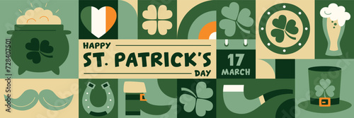 Saint Patrick's day horizontal geometric poster in retro style with symbols of luck. Shamrock, pot of gold coins, pipe, rainbow, horseshoe, beer. Vector template with Irish Elements in green tones