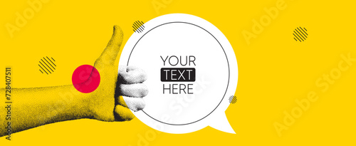 Hand showing thumbs up gesture. Concept of human partnership with chat speech bubble. Design for banner, flyer, poster or yellow brochure. Like hand in dotted grain style. Vector illustration photo