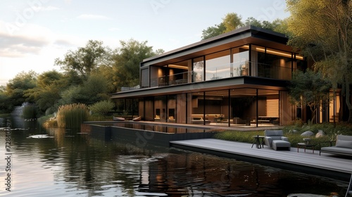  A sleek riverside residence with expansive glass walls.