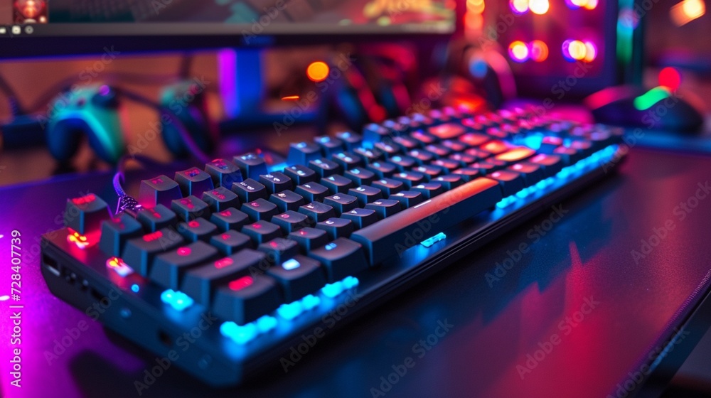 Professional gaming keyboard mockup on a gaming setup background 