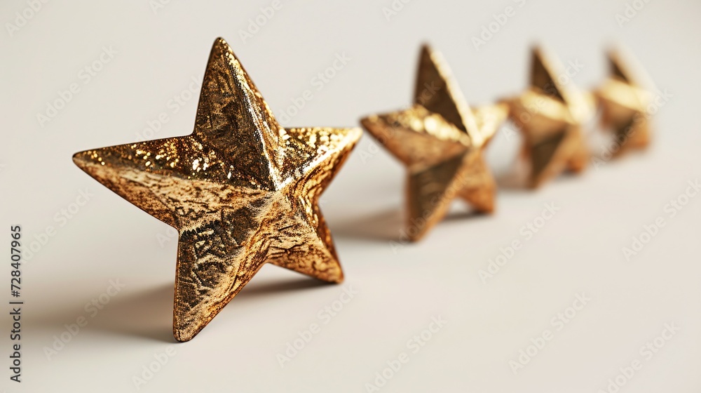 A trio of gilded stars against a blank canvas. 3D rendering. A trio of gilded stars against a blank canvas. 3D rendering.