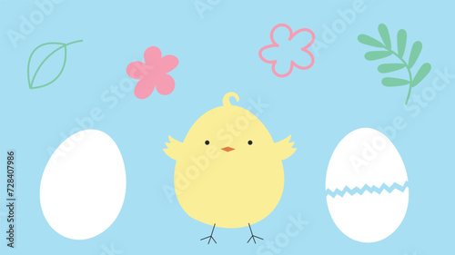 easter set with eggs, chick and greenery. cute cartoon vector hand drawn illustration for spring christian holiday. baby chick illustration for children