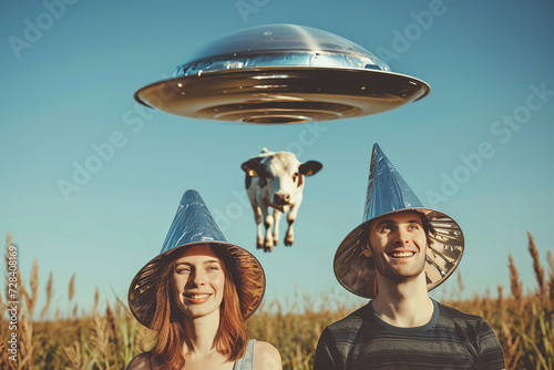 man and woman holding metallic hats, flying cow in the sky, exaggerated emotions, futuristic spaceship, ufos in the sky, conspiracy theory concept