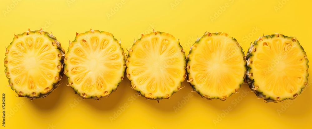 Five pineapple slices in a row on a uniform yellow background, creating a sunny and tropical pattern.