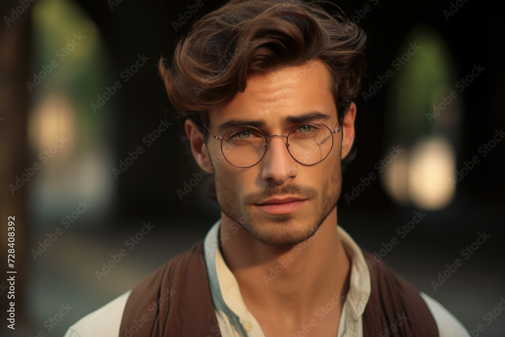 Pensive man with wavy hair and round glasses in natural light, a portrait of introspection and style set against a blurred architectural backdrop.