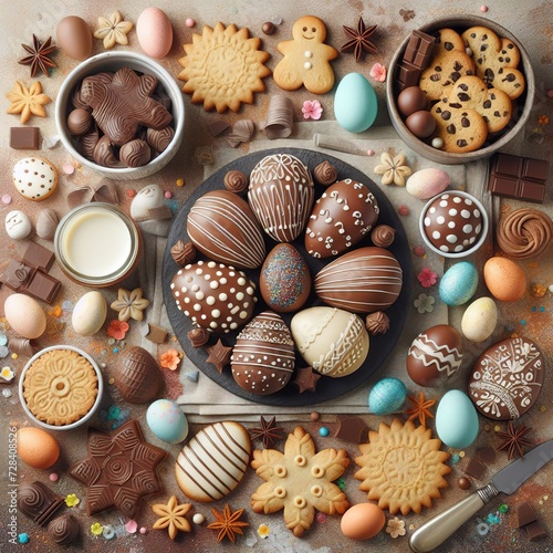 top view chocolate easter eggs with candy cookies frame