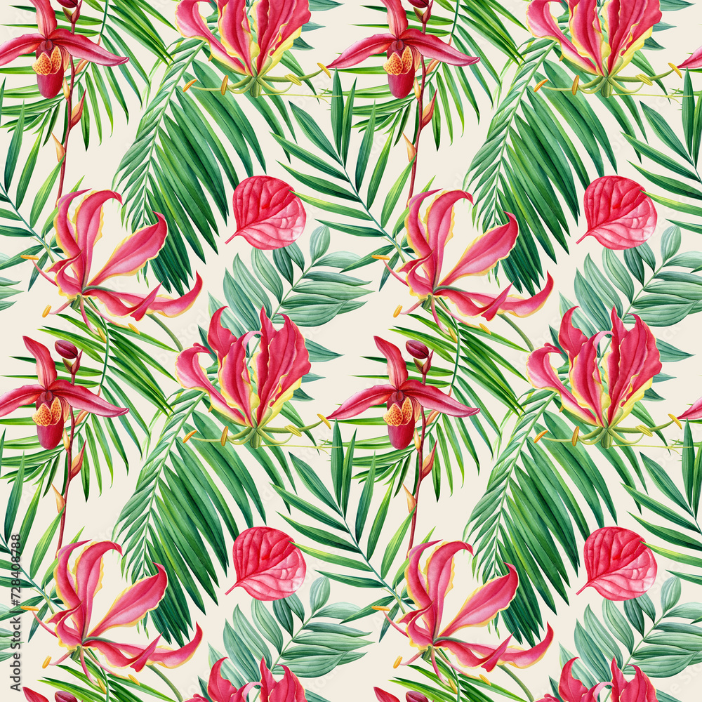 Tropical seamless pattern with exotic pink lily flowers, palm tree. Summer floral watercolor illustration tropic modern Tropical seamless pattern with exotic pink lily flowers, palm tree. Summer floral watercolor illustration tropic modern