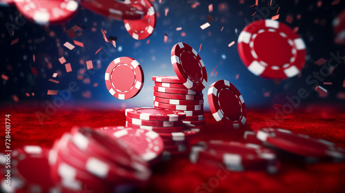 Dynamic image capturing the thrilling moment of red poker chips tossed in the air above a casino gaming table, high stakes and energy of gambling. photo