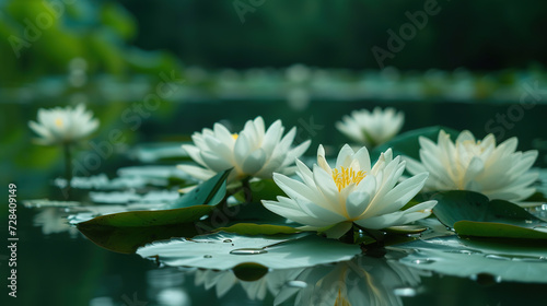 White lotus flowers on green pond nature. Beautiful water lily flowers in calm water on green forest background. Reflection glare of leaves in lake. WIld spring garden,
