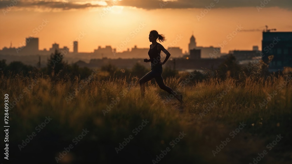 Silhouette of Woman Running Outdoors at Sunset