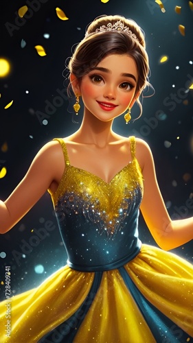 Enchanting Elegance, Black-Haired Beauty in Radiant Frock Dancing on Glittered Night, Beautiful girl dancing in the colourful night, Cute beautiful girl wallpaper