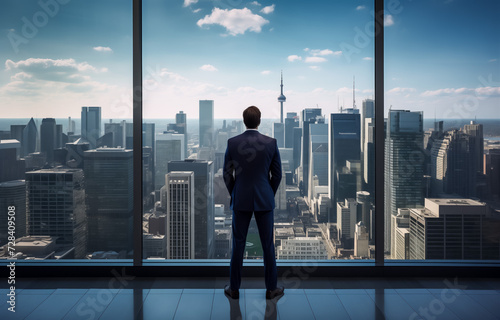 Businessman looking over cityscape from high-rise office