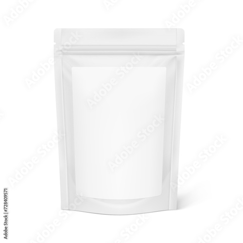 Realistic stand up pouch bag with sticker and shadow mockup. Vector illustration isolated on white background. Easy to make a realistic mockup of your product. EPS10.