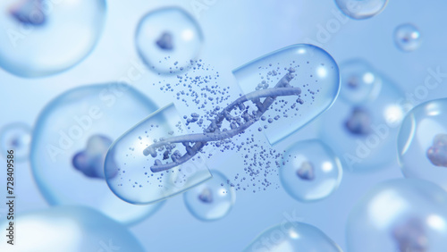 Blue pill with glowing DNA helix inside pill capsules. Concept of health care technology, graphic of realistic transparent pill with abstract futuristic DNA inside.