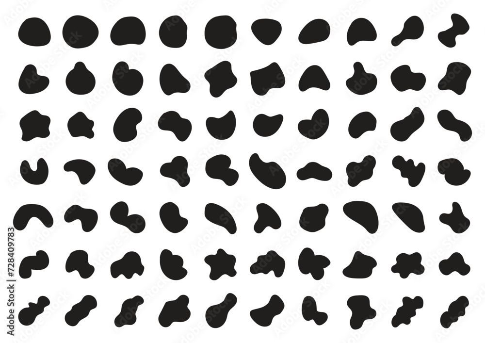 Set of organic blobs shape, Rounded abstract organic shapes collection. Shapes of cube, pebble, inkblot, drops and stone silhouettes.