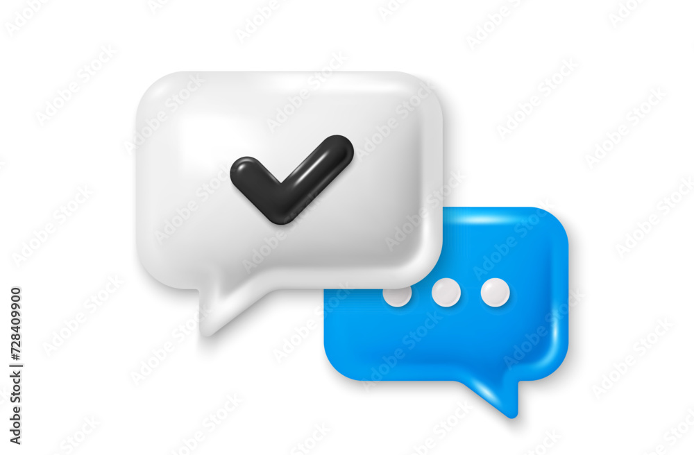 3d speech bubble icon with checkmark. Chat comment with ellipsis icon. Blue talk message box. Modern realistic 3d design. Support speech bubble. Social media dialog banner. Vector illustration 3d speech bubble icon with checkmark. Chat comment with ellipsis icon. Blue talk message box. Modern realistic 3d design. Support speech bubble. Social media dialog banner. Vector illustration