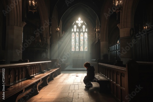 Boy is seated on a bench inside a church, contemplation or prayer
