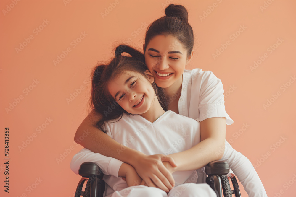 A mom rejoices and hugs her disabled daughter in a wheelchair on a beige background, the concept of supporting disabled children A mom rejoices and hugs her disabled daughter in a wheelchair on a beige background, the concept of supporting disabled children