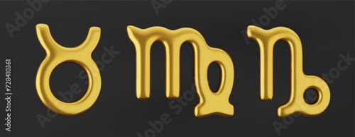 3d golden zodiac sign Taurus, Virgo and Capricorn on a dark background.