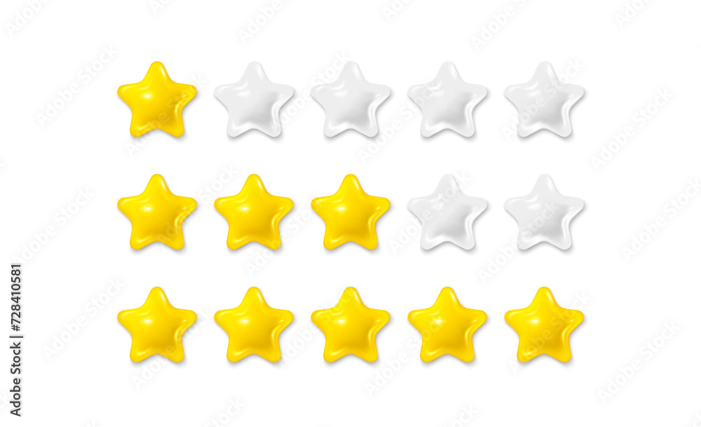 Five 3d stars review. Customer rating feedback concept from the client. Realistic 3d star rate design. Five stars feedback. For mobile applications. Vector illustration Five 3d stars review. Customer rating feedback concept from the client. Realistic 3d star rate design. Five stars feedback. For mobile applications. Vector illustration