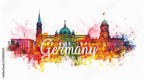 Travel to Germany country illustration background with a mix of German flag colors and architecture of Germany isolated on white backdrop