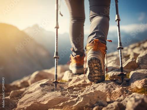 Hiker woman with trekking sticks climbs steep on mountain trail, focus on boot 2