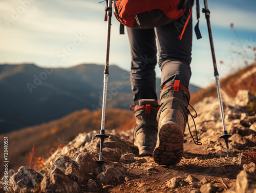 Hiker woman with trekking sticks climbs steep on mountain trail, focus on boot 1