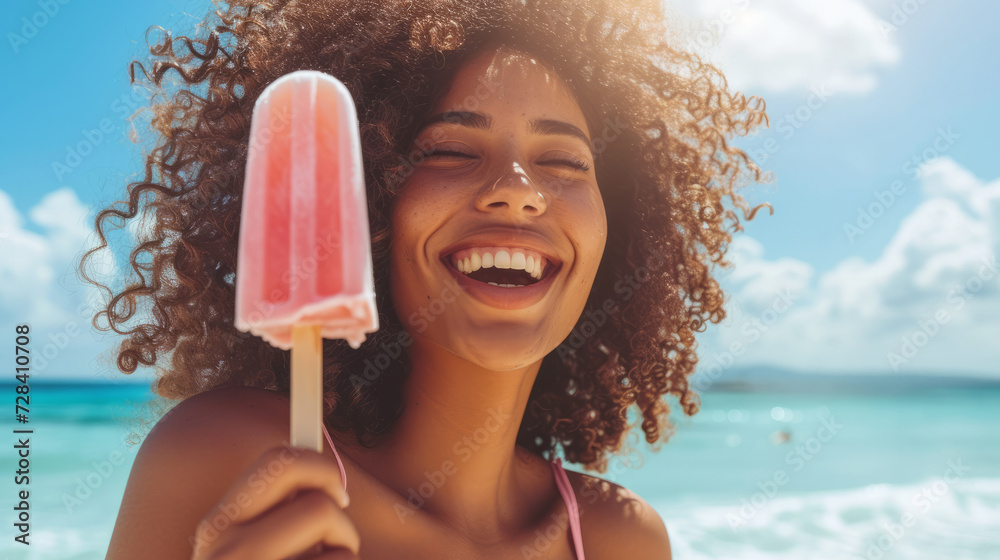 Portrait of a young smiling African American woman eating a popsicle ice cream on hot summer day at the beach Portrait of a young smiling African American woman eating a popsicle ice cream on hot summer day at the beach